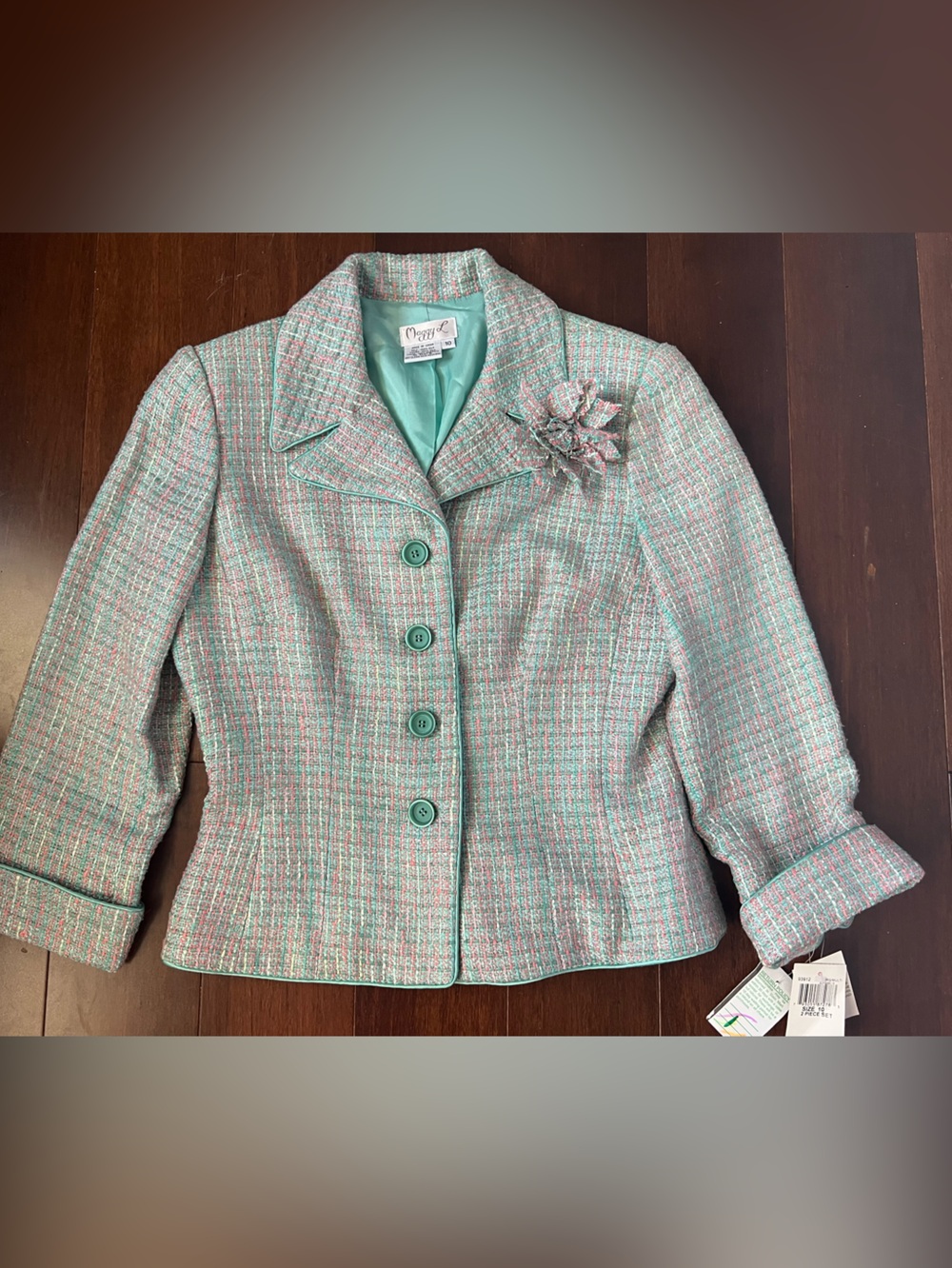 NWT Vintage Maggy L 100% Silk Tweed Blazer Jacket Mint Green Pink XS S 2 4